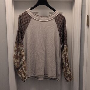 Oversized Women's Plaid and Floral Long Sleeve Top